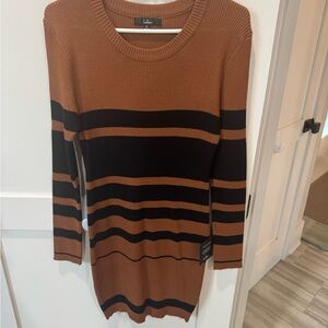 Lulu's Tan and Black Striped Sweater Dress